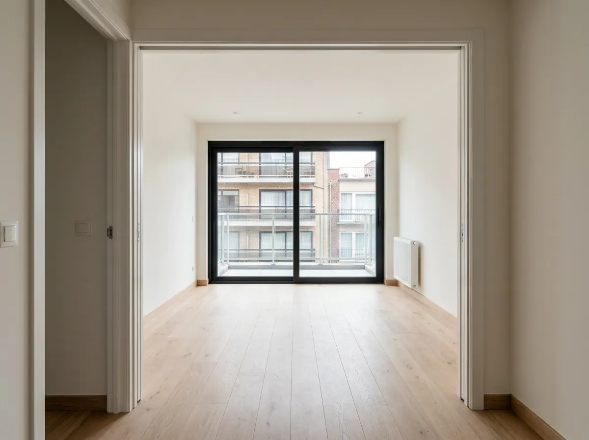 Een gerenoveerde appartementwoonkamer met balkondeuren en de blokken aan de overkant