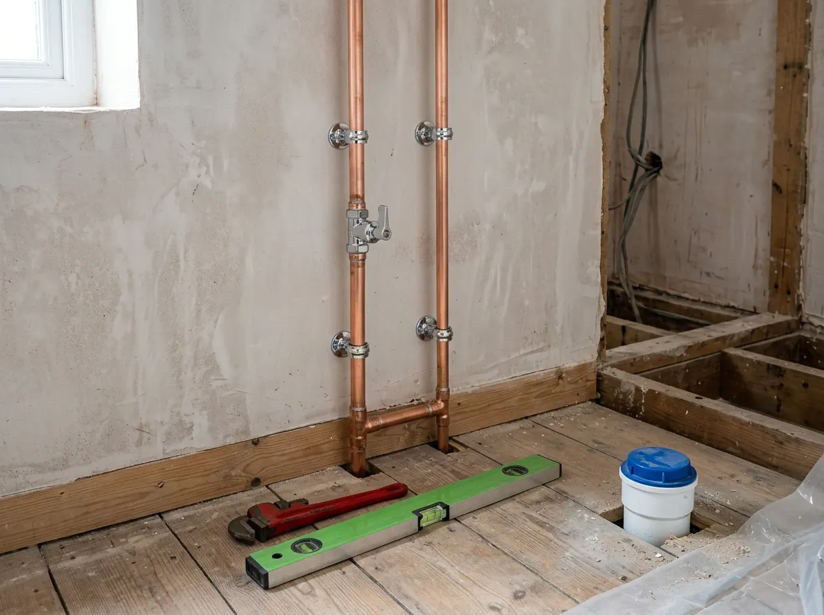 Nieuw leidingwerk met een afsluiter op een badkamerwand in aanbouw