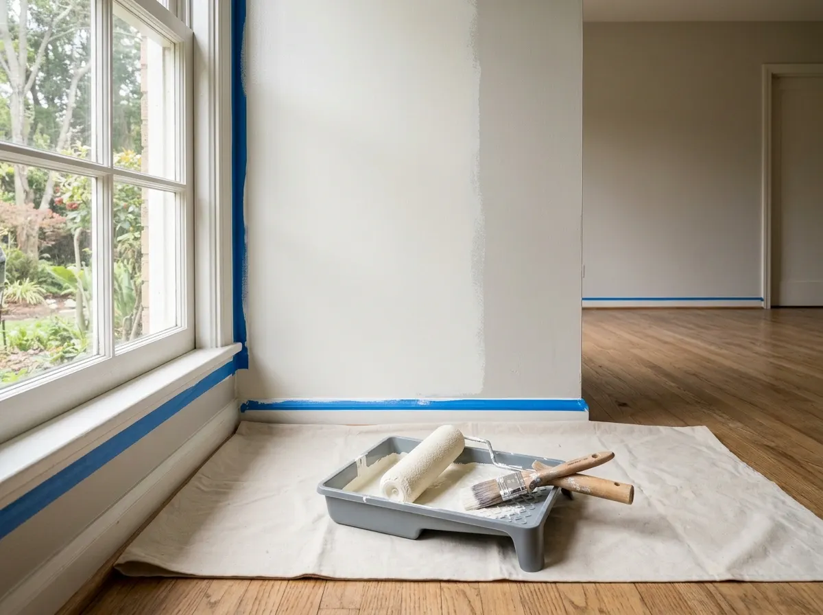 Binnenschilderwerk: een rol met gebroken witte verf op een gladde wand