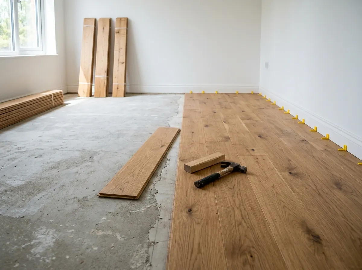Een nieuwe houten vloer wordt gelegd in een lege kamer