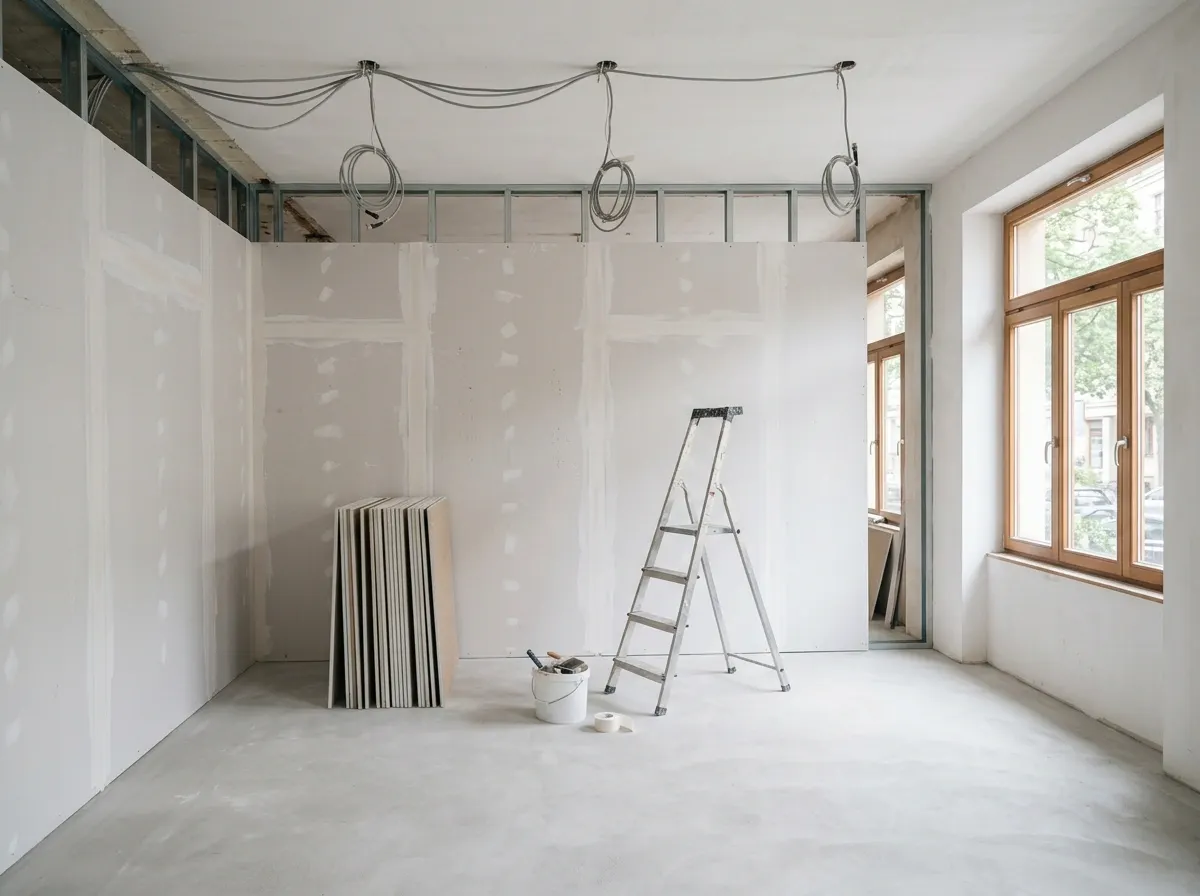 Een nieuw opgebouwde wand met kabels naar de plafondpunten